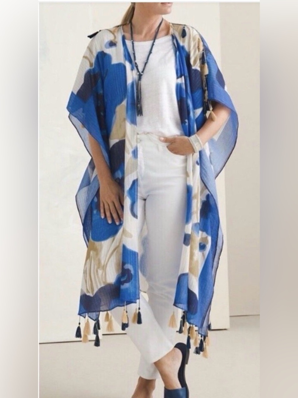 ANTHROPOLOGIE Aratta Silent Journey Tassel Kimono Jacket Top One Size Blue Gold